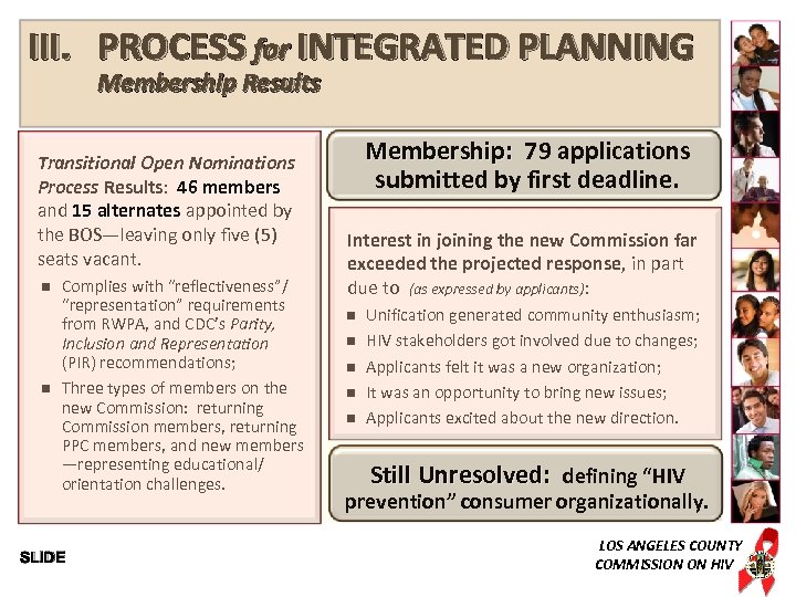 III. PROCESS for INTEGRATED PLANNING Membership Results Transitional Open Nominations Process Results: 46 members