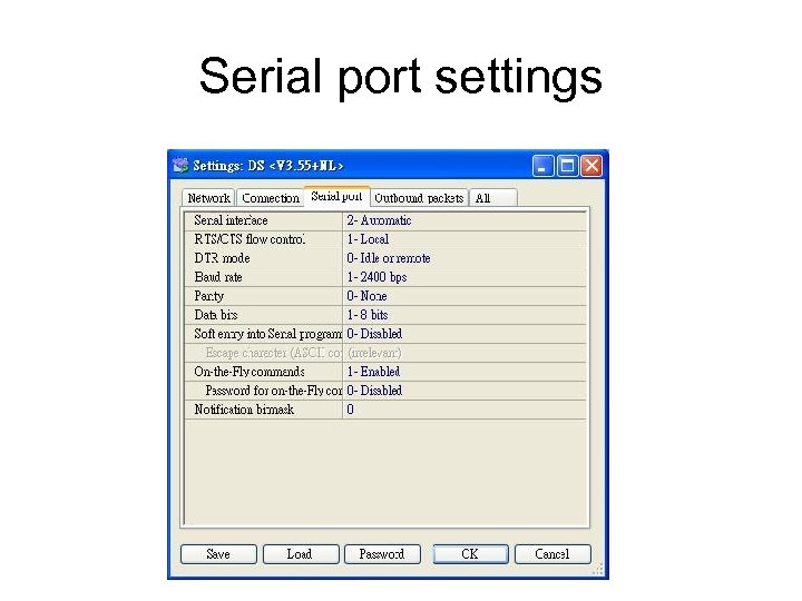 Serial port settings 