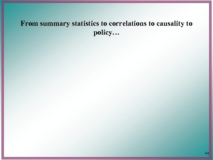 From summary statistics to correlations to causality to policy… 44 