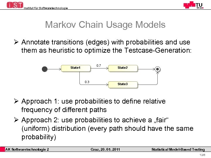 Institut für Softwaretechnologie Markov Chain Usage Models Ø Annotate transitions (edges) with probabilities and