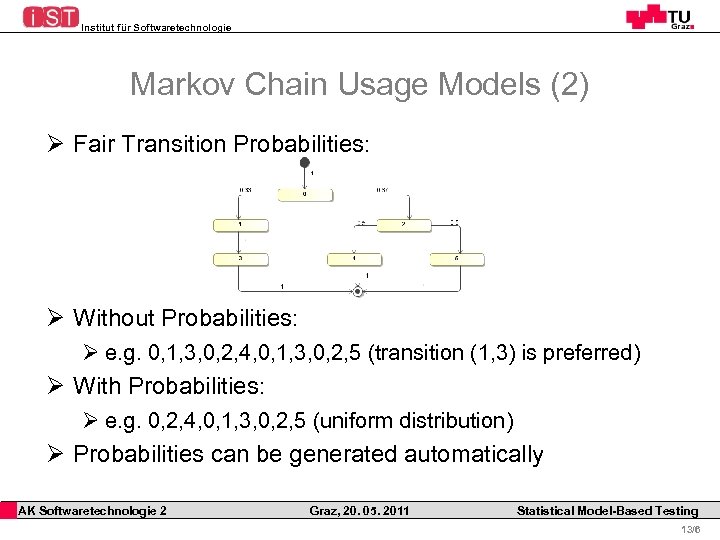 Institut für Softwaretechnologie Markov Chain Usage Models (2) Ø Fair Transition Probabilities: Ø Without