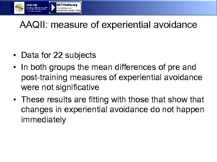 AAQII: measure of experiential avoidance • Data for 22 subjects • In both groups