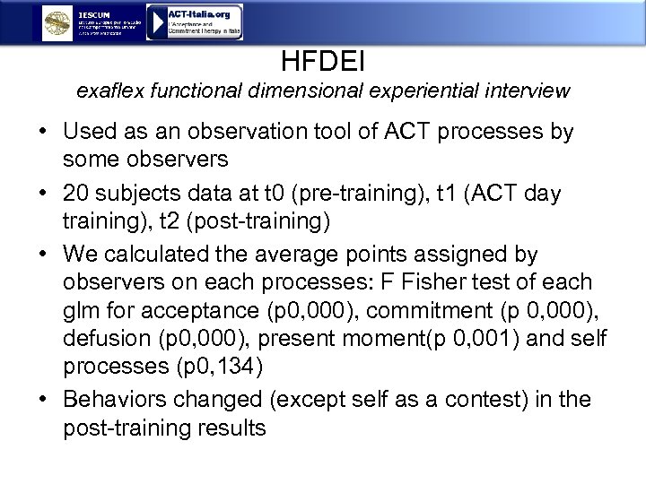 HFDEI exaflex functional dimensional experiential interview • Used as an observation tool of ACT