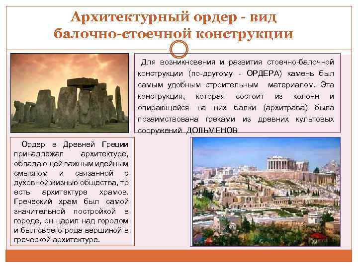 Архитектурный ордер - вид балочно-стоечной конструкции Для возникновения и развития стоечно-балочной конструкции (по-другому -