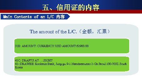 五、信用证的内容 Main Contents of an L/C 内容 The amount of the L/C. （金额，汇票） 32