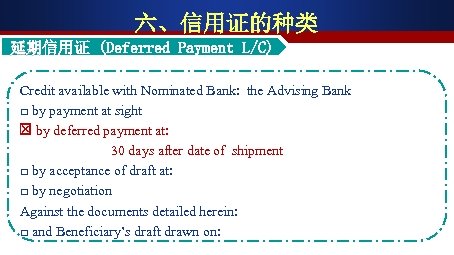 六、信用证的种类 延期信用证 (Deferred Payment L/C) 延期 Credit available with Nominated Bank: the Advising Bank