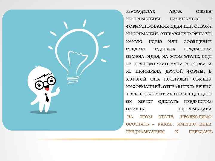 ЗАРОЖДЕНИЕ ИДЕИ ОБМЕН ИНФОРМАЦИЕЙ НАЧИНАЕТСЯ С ФОРМУЛИРОВАНИЯ ИДЕИ ИЛИ ОТБОРА ИНФОРМАЦИИ. ОТПРАВИТЕЛЬ РЕШАЕТ, КАКУЮ