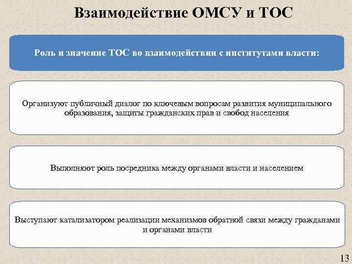Взаимодействие ОМСУ и ТОС Роль и значение ТОС во взаимодействии с институтами власти: Организуют