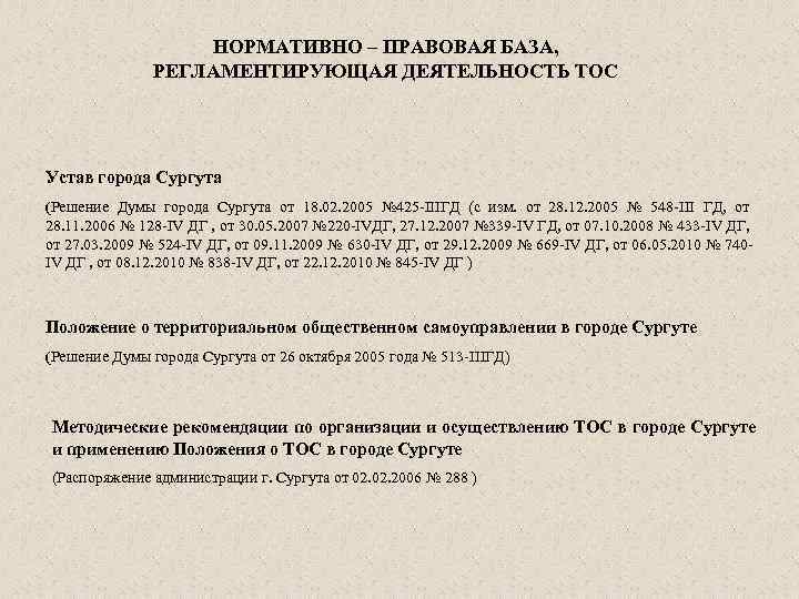 НОРМАТИВНО – ПРАВОВАЯ БАЗА, РЕГЛАМЕНТИРУЮЩАЯ ДЕЯТЕЛЬНОСТЬ ТОС Устав города Сургута (Решение Думы города Сургута