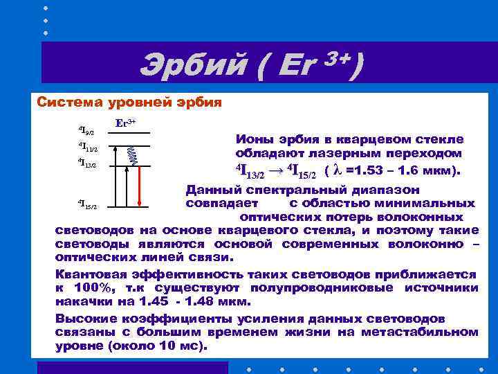 Эрбий ( Er 3+) Система уровней эрбия 4 I Er 3+ 9/2 4 I