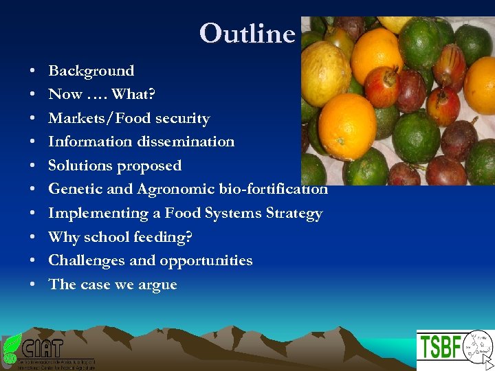 Outline • • • Background Now …. What? Markets/Food security Information dissemination Solutions proposed