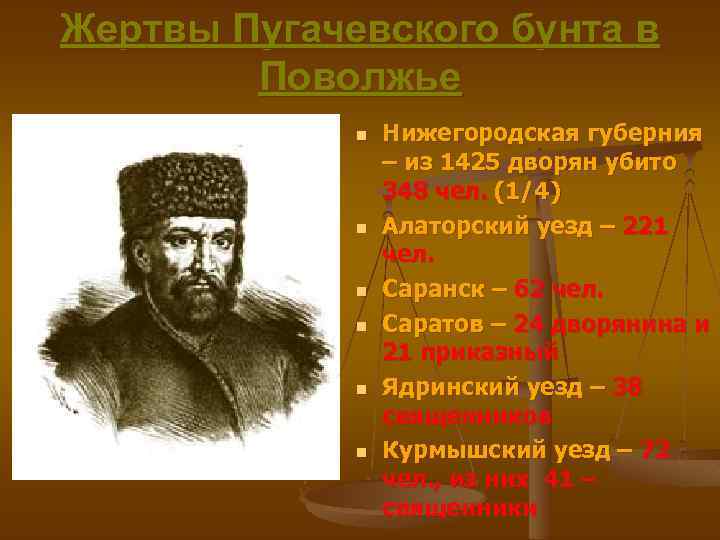 Жертвы Пугачевского бунта в Поволжье n n n Нижегородская губерния – из 1425 дворян