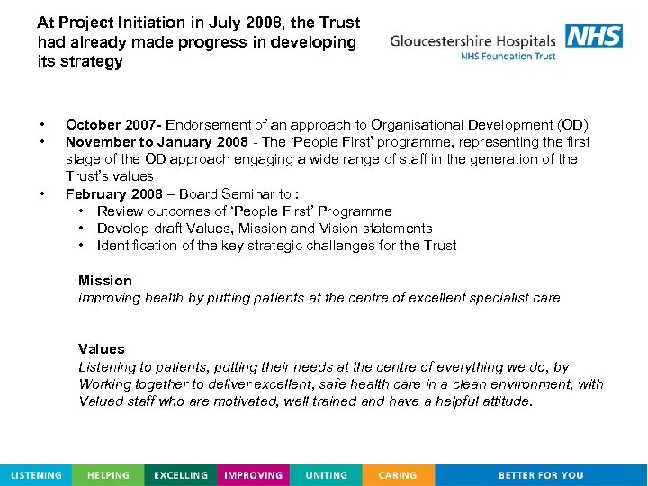 At Project Initiation in July 2008, the Trust had already made progress in developing