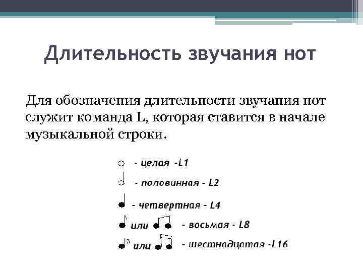 Длительность звучания нот Для обозначения длительности звучания нот служит команда L, которая ставится в