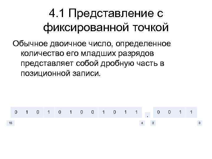 4. 1 Представление с фиксированной точкой Обычное двоичное число, определенное количество его младших разрядов