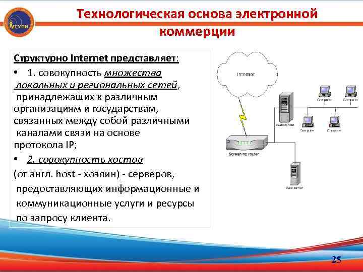 Технологическая основа электронной коммерции Структурно Internet представляет: • 1. совокупность множества локальных и региональных