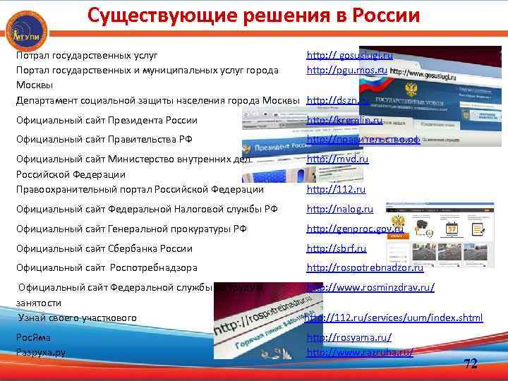 Существующие решения в России Потрал государственных услуг http: // gosuslugi. ru Портал государственных и