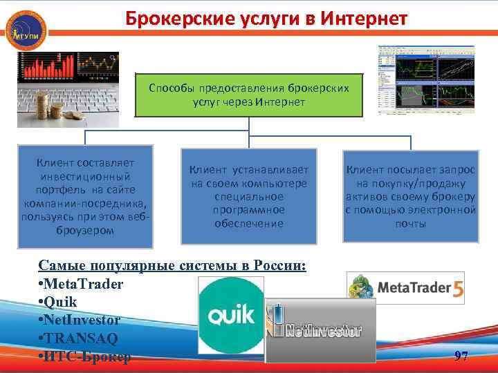 Брокерские услуги в Интернет Способы предоставления брокерских услуг через Интернет Клиент составляет инвестиционный портфель