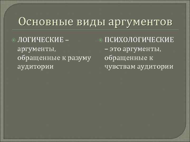 Основные виды аргументов ЛОГИЧЕСКИЕ – аргументы, обращенные к разуму аудитории ПСИХОЛОГИЧЕСКИЕ – это аргументы,