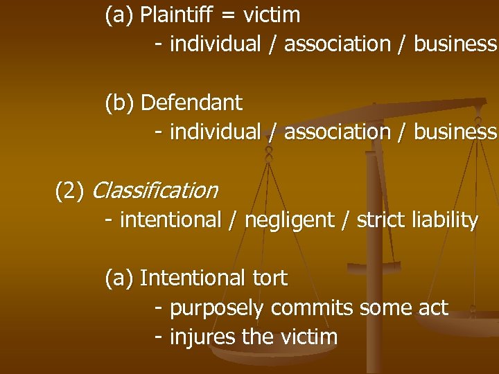 (a) Plaintiff = victim - individual / association / business (b) Defendant - individual