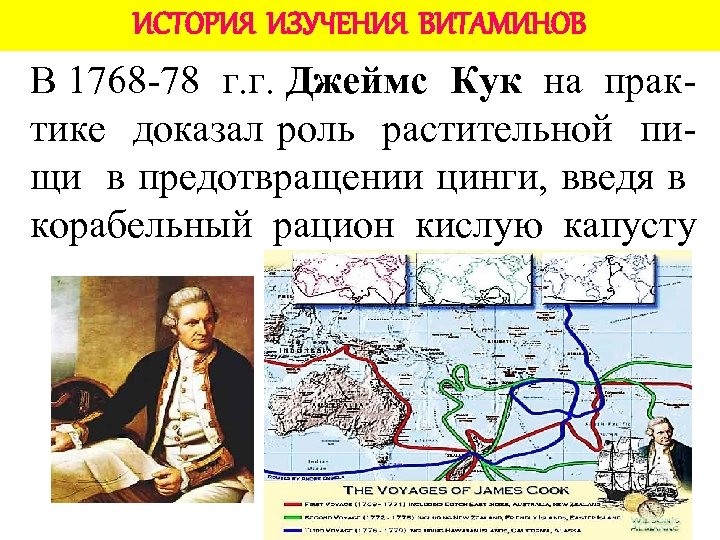 ИСТОРИЯ ИЗУЧЕНИЯ ВИТАМИНОВ В 1768 -78 г. г. Джеймс Кук на практике доказал роль