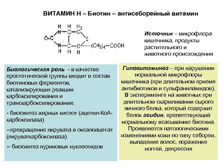 ВИТАМИН Н – Биотин – антисеборейный витамин Источник – микрофлора кишечника, продукты растительного и