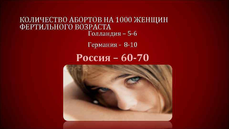 КОЛИЧЕСТВО АБОРТОВ НА 1000 ЖЕНЩИН ФЕРТИЛЬНОГО ВОЗРАСТА Голландия – 5 -6 Германия - 8