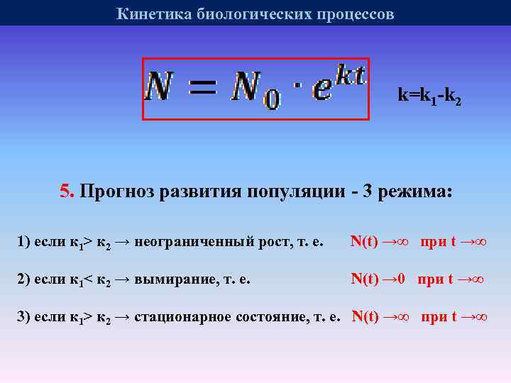 Кинетика биологических процессов k=k 1 -k 2 5. Прогноз развития популяции - 3 режима: