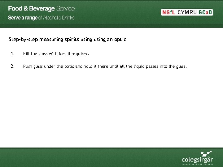 Step-by-step measuring spirits using an optic 1. Fill the glass with ice, if required.
