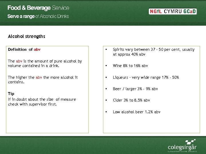 Alcohol strengths Definition of abv • Spirits vary between 37 - 50 per cent,