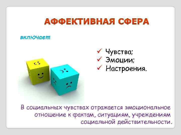 включает: ü Чувства; ü Эмоции; ü Настроения. В социальных чувствах отражается эмоциональное отношение к