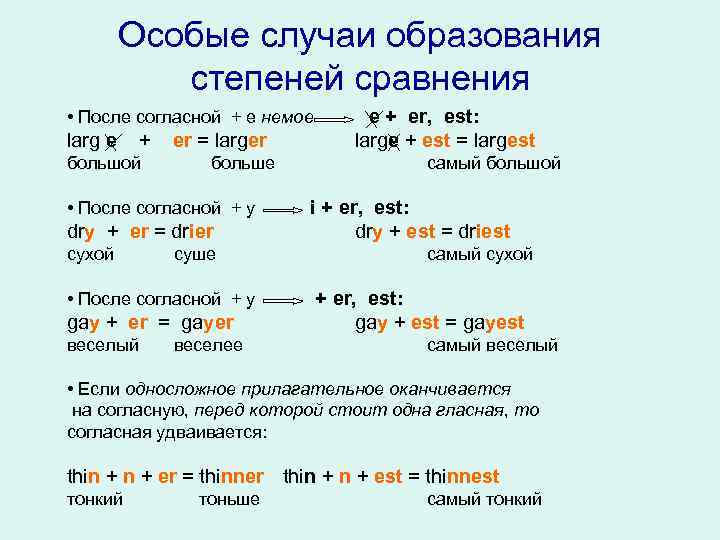 Особые случаи образования степеней сравнения • После согласной + е немое larg e +