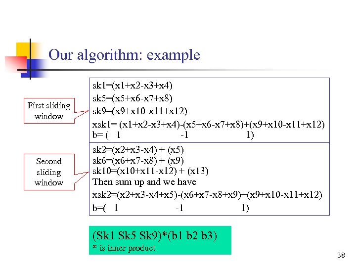 Our algorithm: example First sliding window Second sliding window sk 1=(x 1+x 2 -x