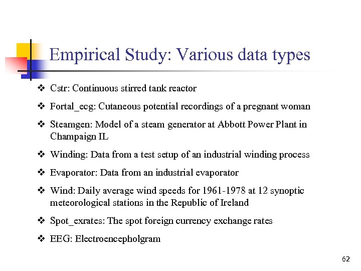 Empirical Study: Various data types v Cstr: Continuous stirred tank reactor v Fortal_ecg: Cutaneous