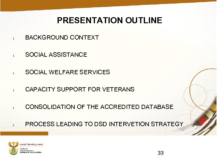 PRESENTATION OUTLINE I. BACKGROUND CONTEXT I. SOCIAL ASSISTANCE I. SOCIAL WELFARE SERVICES I. CAPACITY