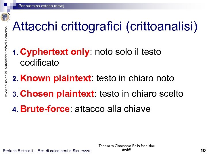www. sci. unich. it/~bista/didattica/reti-sicurezza/ Panoramica estesa (new) Attacchi crittografici (crittoanalisi) 1. Cyphertext only: noto