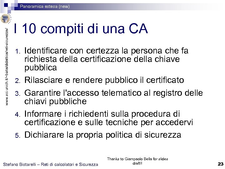 www. sci. unich. it/~bista/didattica/reti-sicurezza/ Panoramica estesa (new) I 10 compiti di una CA 1.