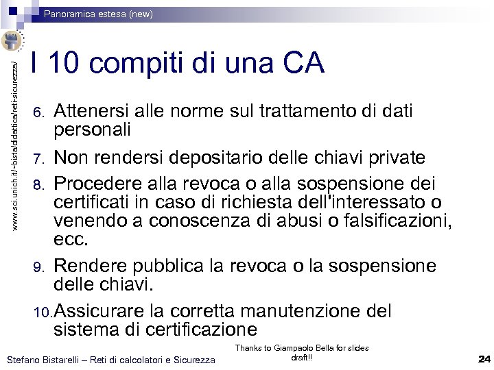 www. sci. unich. it/~bista/didattica/reti-sicurezza/ Panoramica estesa (new) I 10 compiti di una CA Attenersi