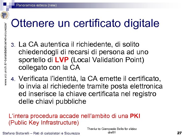 www. sci. unich. it/~bista/didattica/reti-sicurezza/ Panoramica estesa (new) Ottenere un certificato digitale 3. La CA