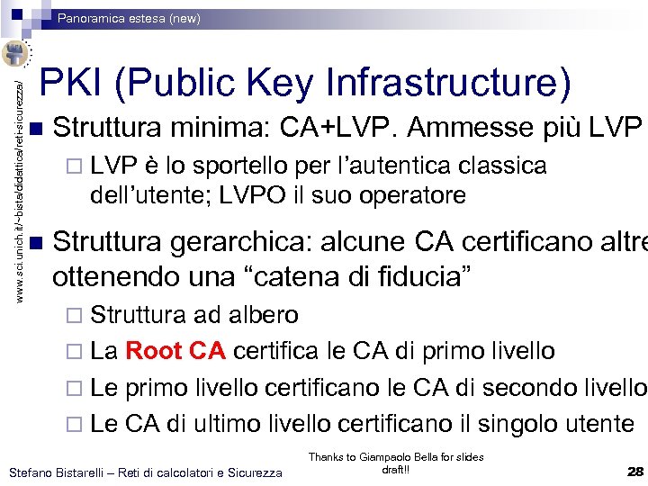 www. sci. unich. it/~bista/didattica/reti-sicurezza/ Panoramica estesa (new) PKI (Public Key Infrastructure) n Struttura minima: