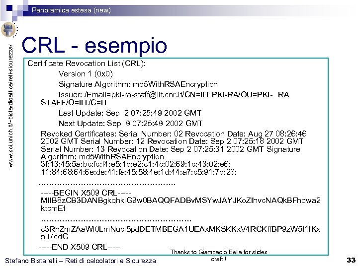 www. sci. unich. it/~bista/didattica/reti-sicurezza/ Panoramica estesa (new) CRL - esempio Certificate Revocation List (CRL):
