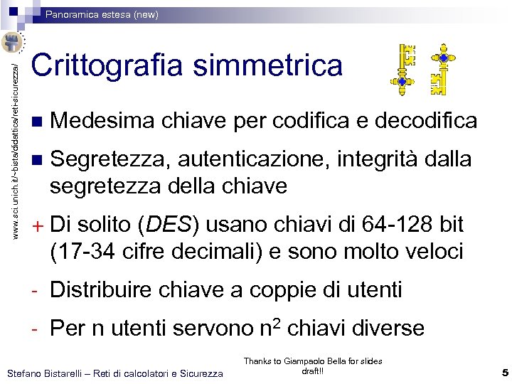 www. sci. unich. it/~bista/didattica/reti-sicurezza/ Panoramica estesa (new) Crittografia simmetrica n Medesima chiave per codifica