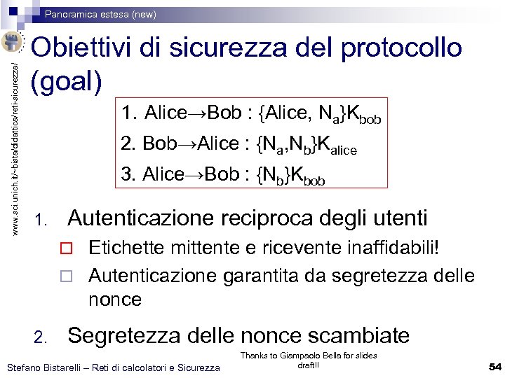 www. sci. unich. it/~bista/didattica/reti-sicurezza/ Panoramica estesa (new) Obiettivi di sicurezza del protocollo (goal) 1.