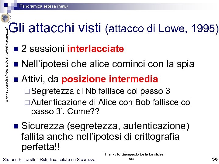 Panoramica estesa (new) www. sci. unich. it/~bista/didattica/reti-sicurezza/ Gli attacchi visti (attacco di Lowe, 1995)