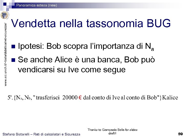 www. sci. unich. it/~bista/didattica/reti-sicurezza/ Panoramica estesa (new) Vendetta nella tassonomia BUG n Ipotesi: Bob