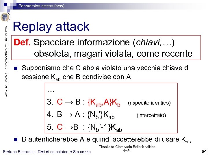 www. sci. unich. it/~bista/didattica/reti-sicurezza/ Panoramica estesa (new) Replay attack Def. Spacciare informazione (chiavi, …)