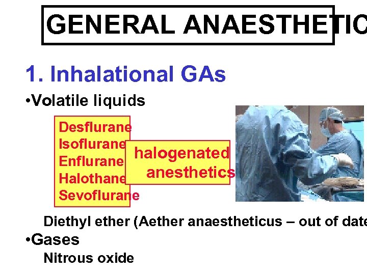 GENERAL ANAESTHETIC 1. Inhalational GAs • Volatile liquids Desflurane Isoflurane halogenated Enflurane Halothane anesthetics