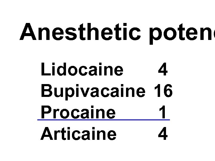 Anesthetic potenc Lidocaine Bupivacaine Procaine Articaine 4 16 1 4 