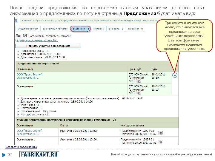 После подачи предложения по переторжке вторым участником данного лота информация о предложениях по лоту