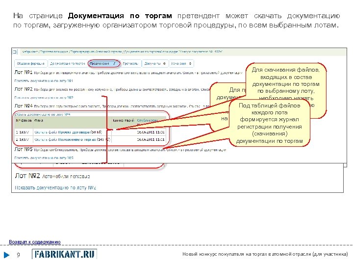 На странице Документация по торгам претендент может скачать документацию по торгам, загруженную организатором торговой